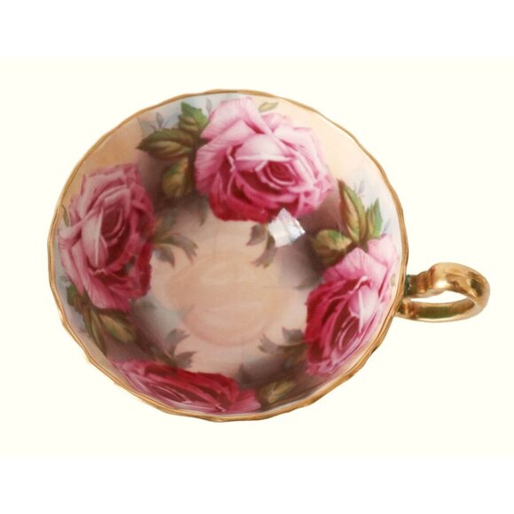 Aynsley Green & Gold Bone China Teacup & Saucer Set With Pink Cabbage Rose - Picture 3 of 10